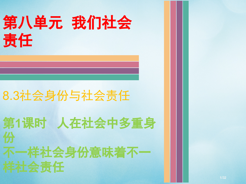 八年级政治下册第八单元我们的社会责任8.3社会身份与社会责任第一课时人在社会中的多重身份省公开课一等