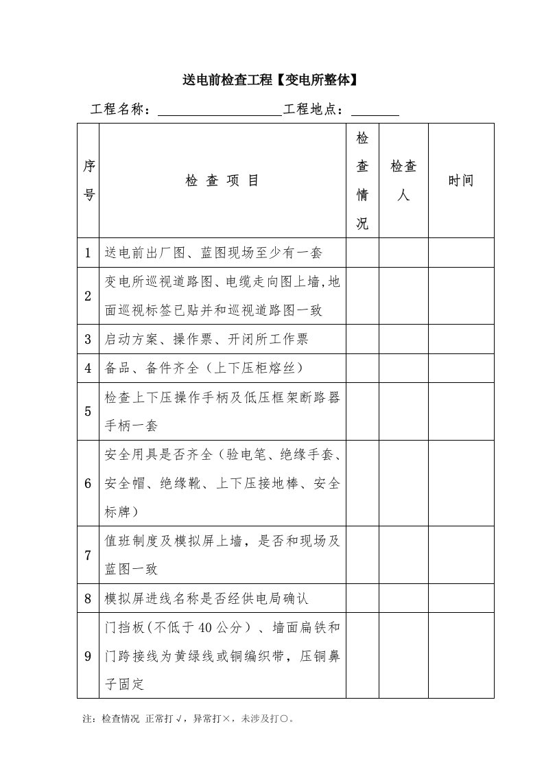 送电前检查项目表