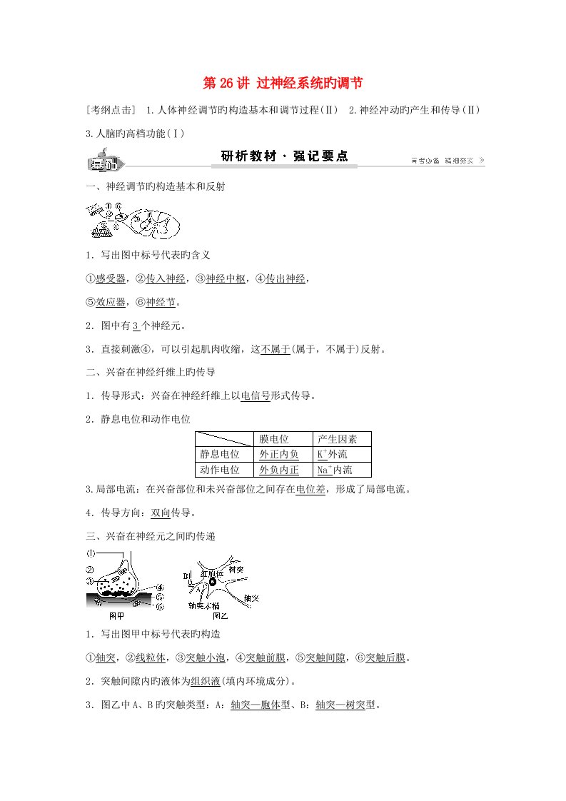 高考生物总复习第8单元第26讲通过神经系统的调节学案