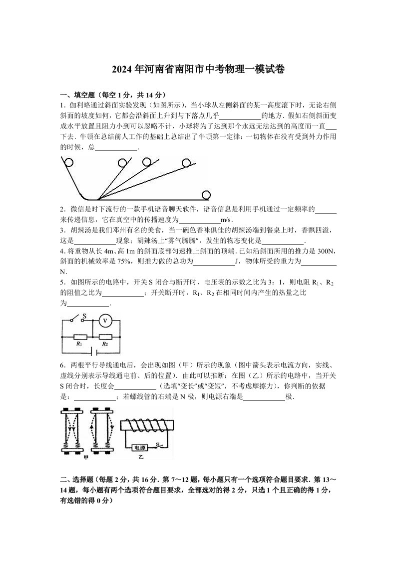 2024年河南省南阳市中考物理一模试卷含答案解析word版