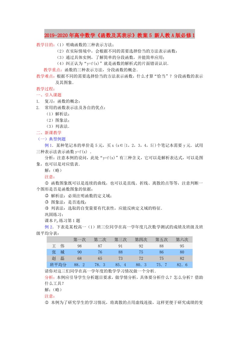 2019-2020年高中数学《函数及其表示》教案5