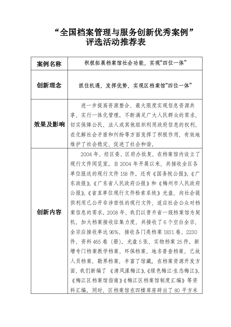 全国档案管理与服务创新优秀案例评选活动推荐表