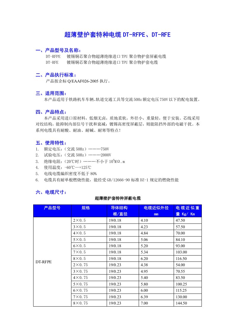 超薄壁护套特种屏蔽电缆DT-RFPEDT-RFE