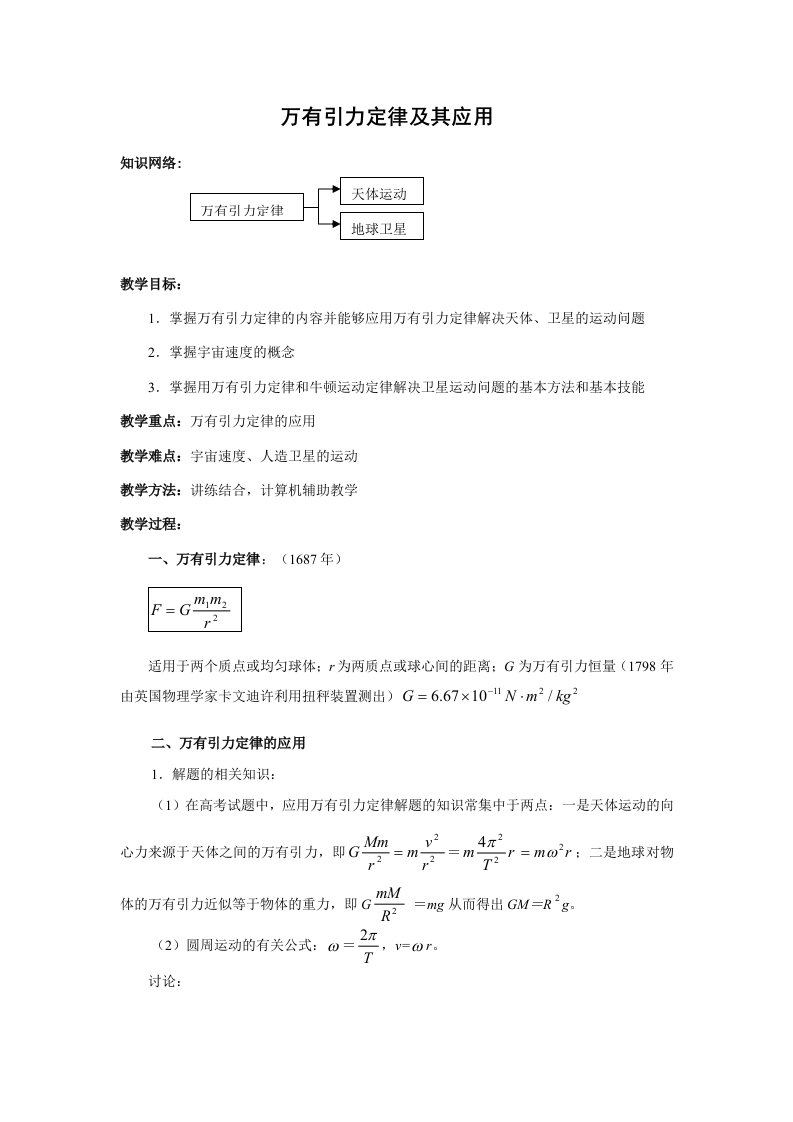 高三第一轮复习6-万有引力定律及其应用教案