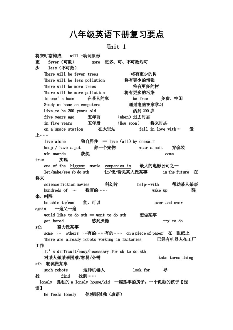 八年级英语下册复习要点