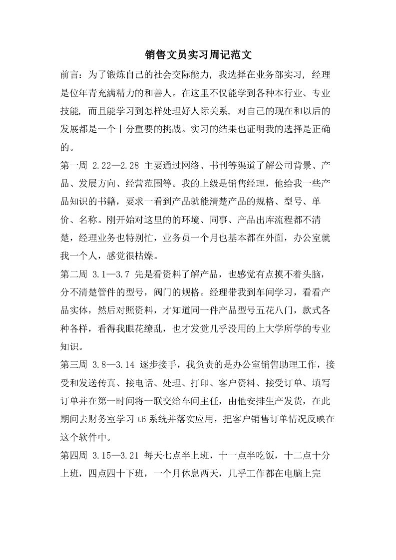 销售文员实习周记范文