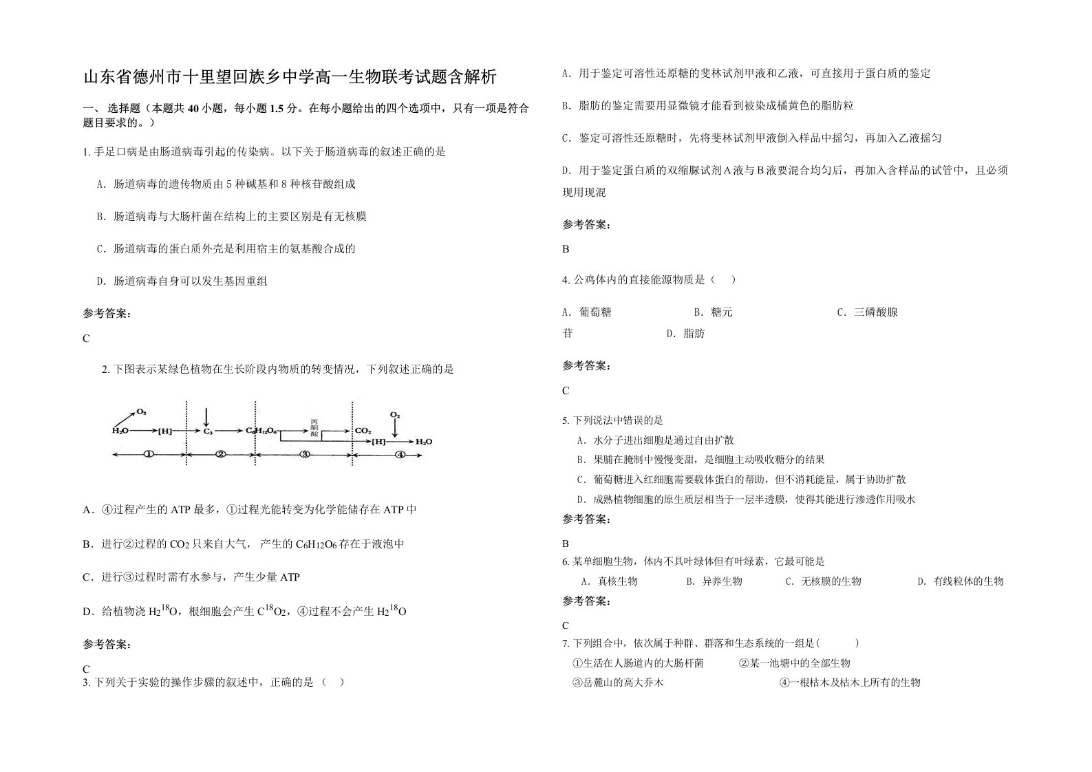 山东省德州市十里望回族乡中学高一生物联考试题含解析