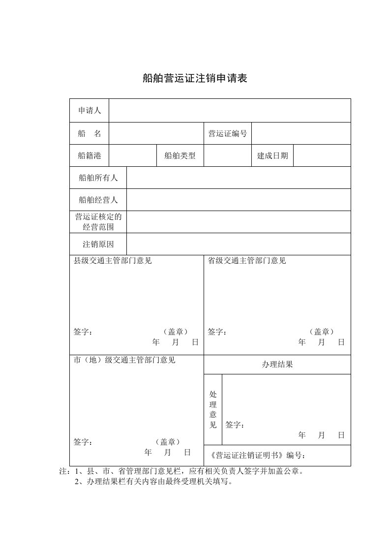 船舶营运证注销申请表