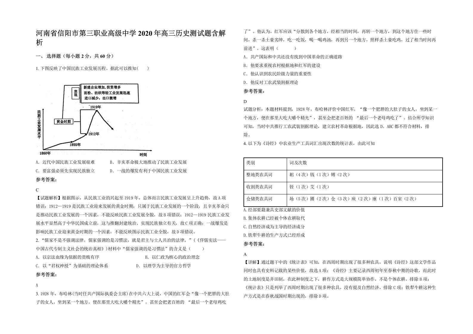 河南省信阳市第三职业高级中学2020年高三历史测试题含解析