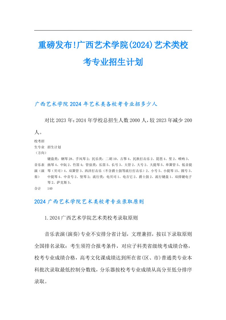 重磅发布!广西艺术学院(2024)艺术类校考专业招生计划