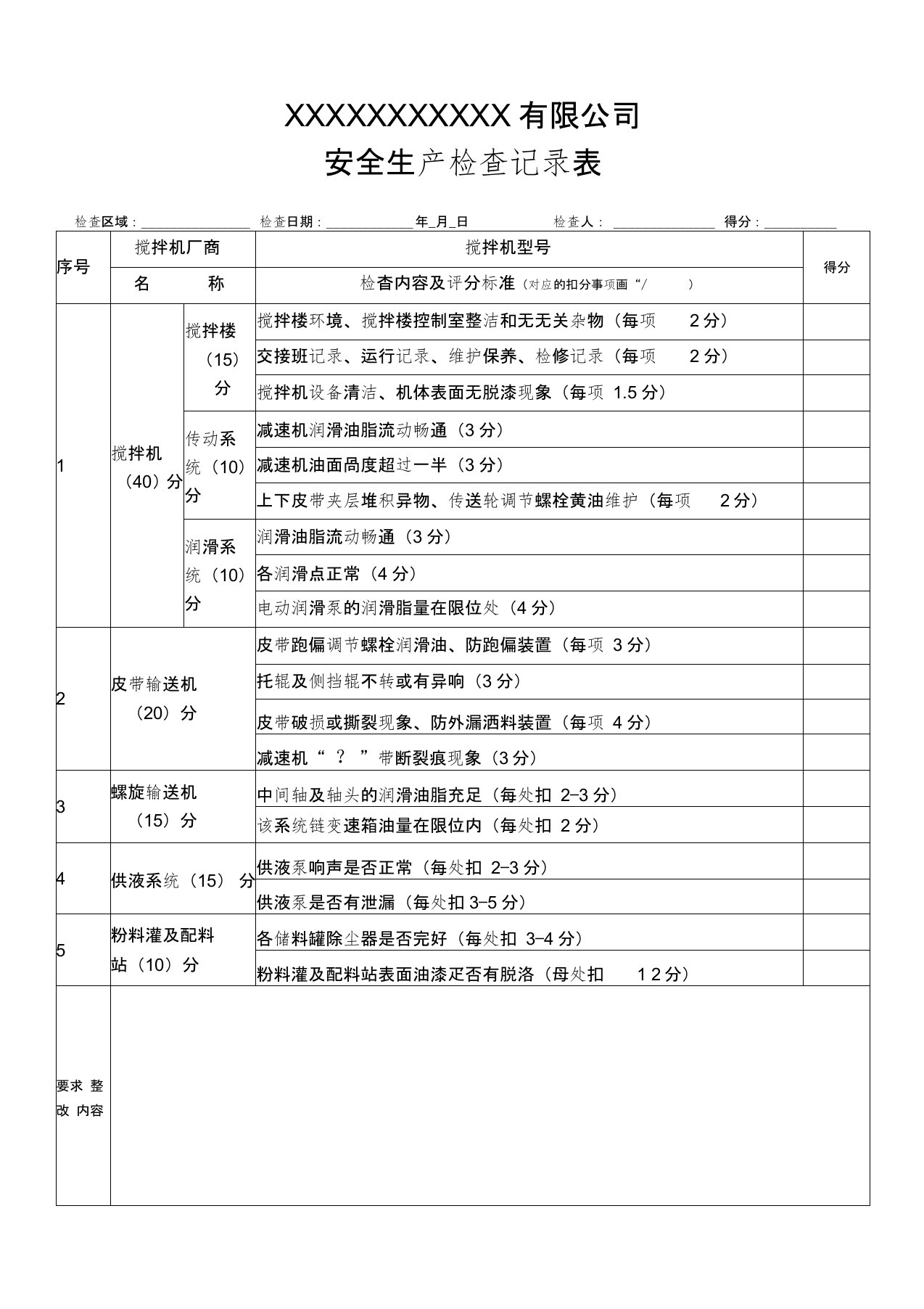 混凝土搅拌站安全生产检查记录表