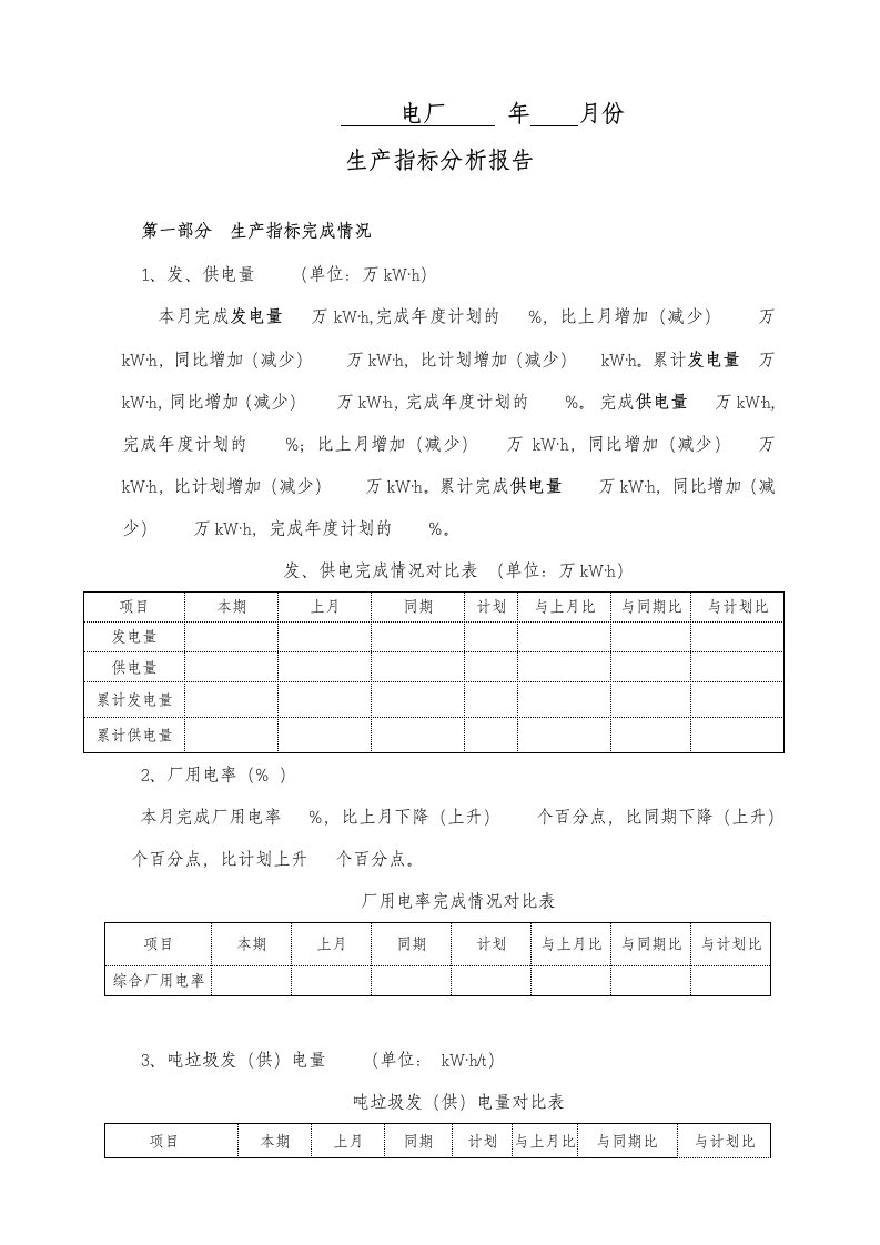 电厂月报表模版运营电厂月度经济分析报告