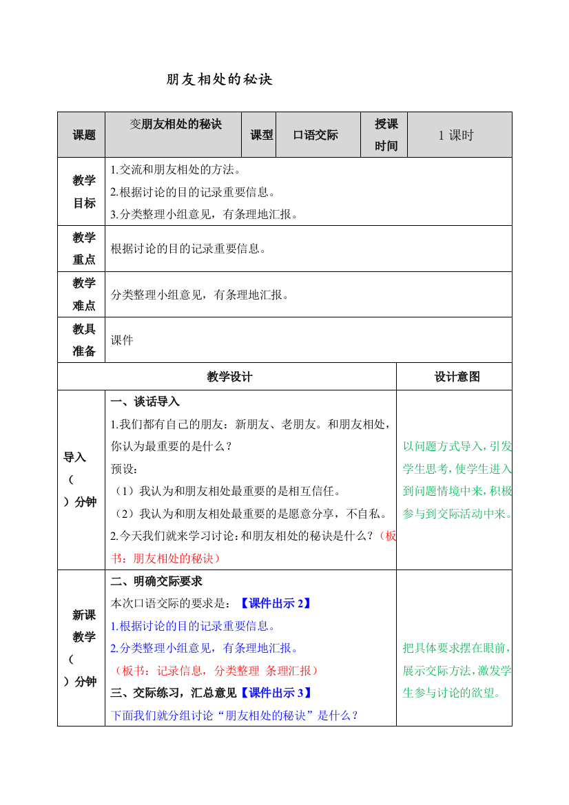 统编部编版四年级语文下册《口语交际：朋友相处的秘诀》教案