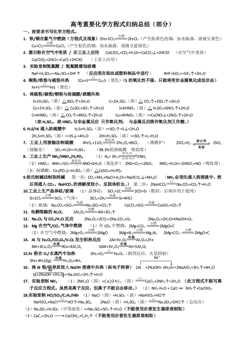 2018高考重要化学方程式归纳总结