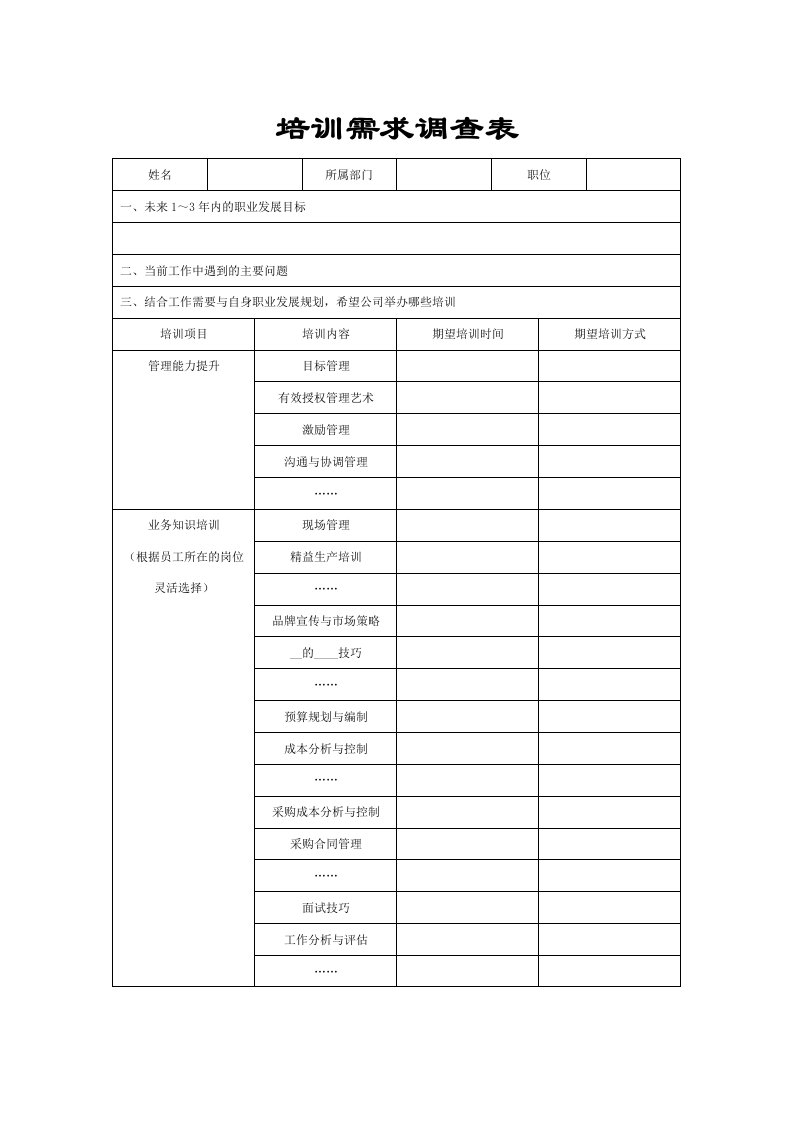 《培训需求调查表》word版