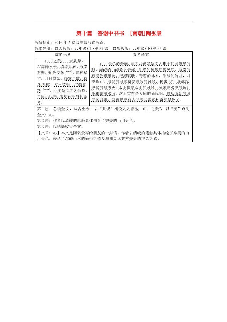 2018重庆省中考语文：第二部分古诗文积累与阅读专题二文言文阅读第十篇答谢中书书素