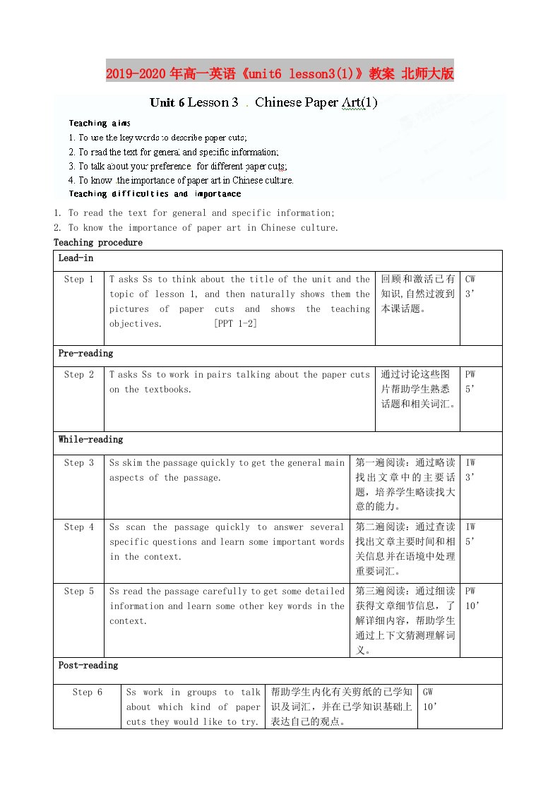 2019-2020年高一英语《unit6