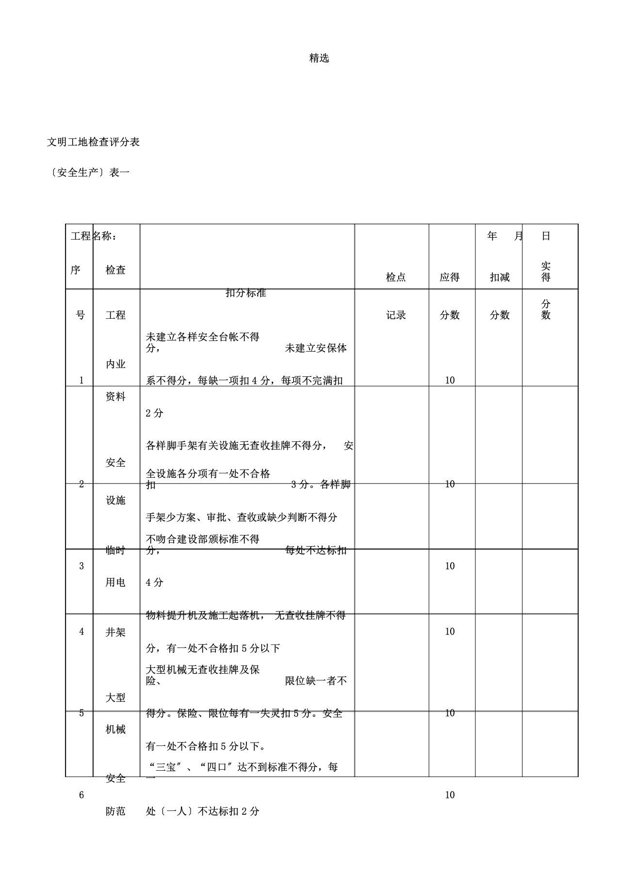 文明工地检查评分表格