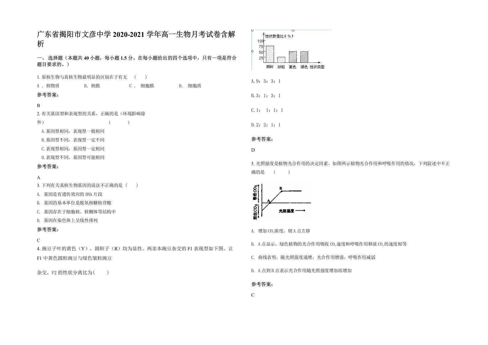 广东省揭阳市文彦中学2020-2021学年高一生物月考试卷含解析