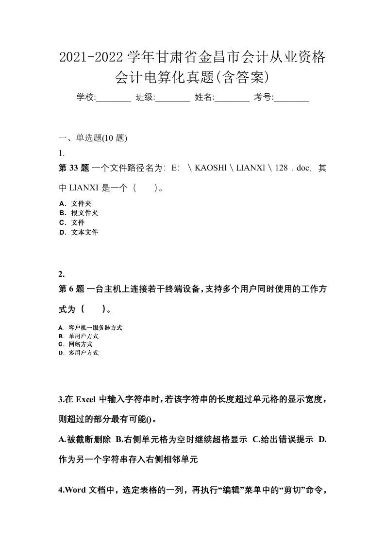 2021-2022学年甘肃省金昌市会计从业资格会计电算化真题含答案