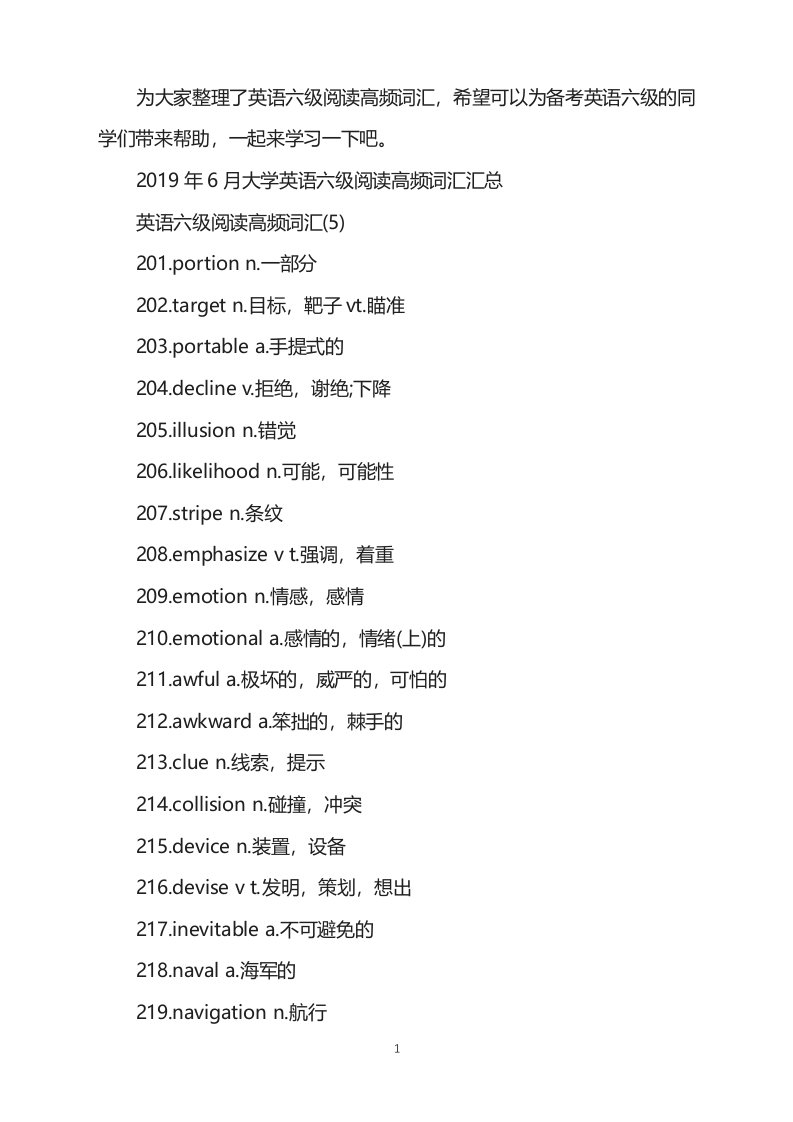 2021年6月大学英语六级阅读高频词汇(5)