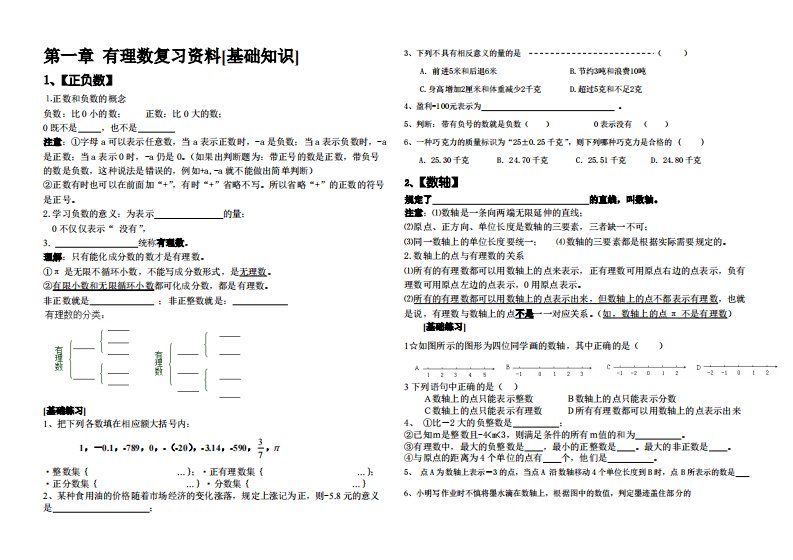 人教版七年级上数学期末复习知识点和重要习题(完整版)