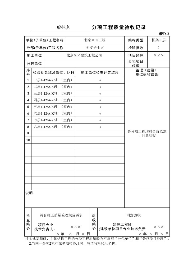 建筑工程-表D2一般抹灰