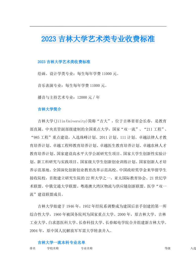 吉林大学艺术类专业收费标准