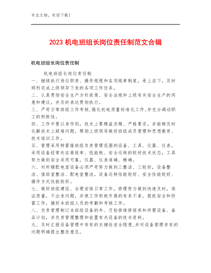 2023机电班组长岗位责任制范文合辑