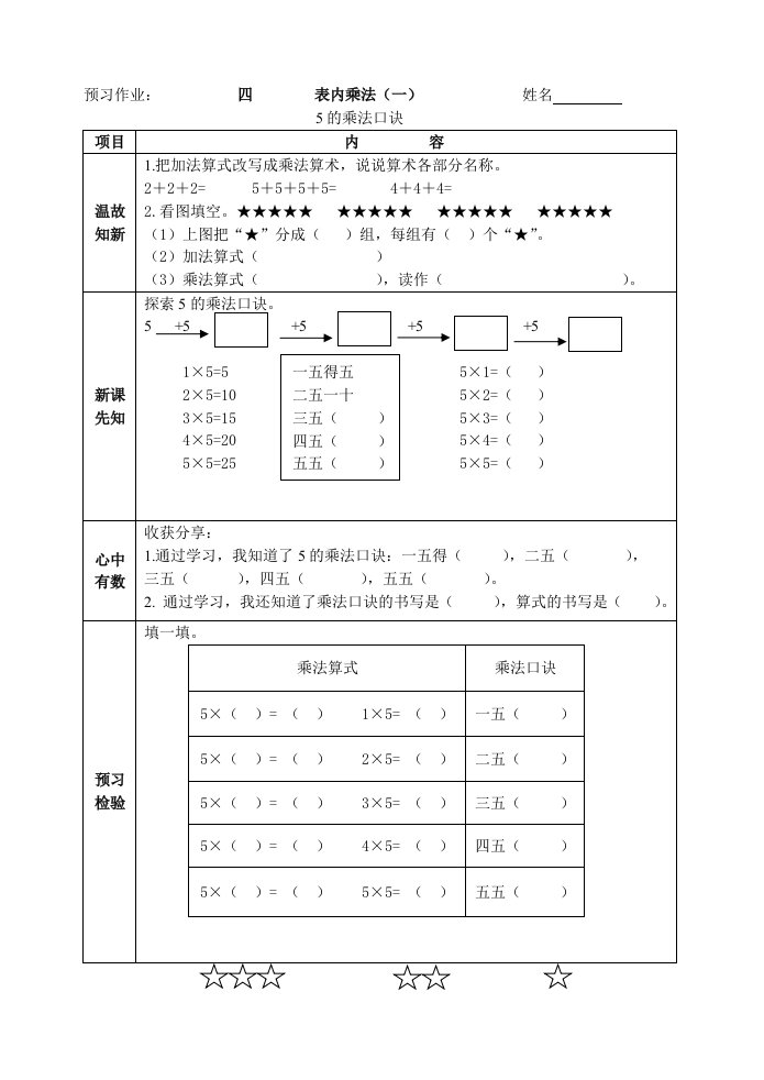 预习作业（5的乘法口诀）