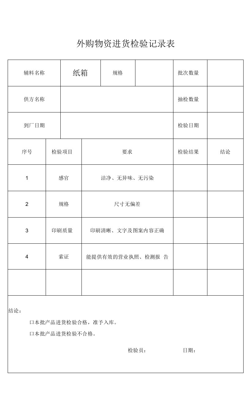 辅料进货检验记录（纸箱）