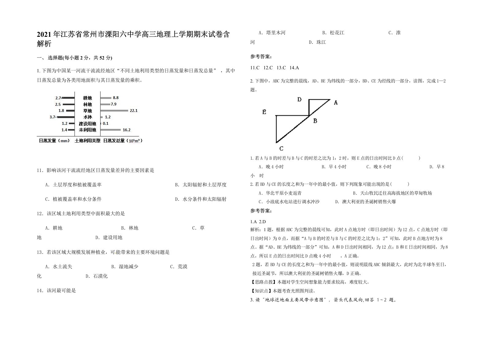 2021年江苏省常州市溧阳六中学高三地理上学期期末试卷含解析