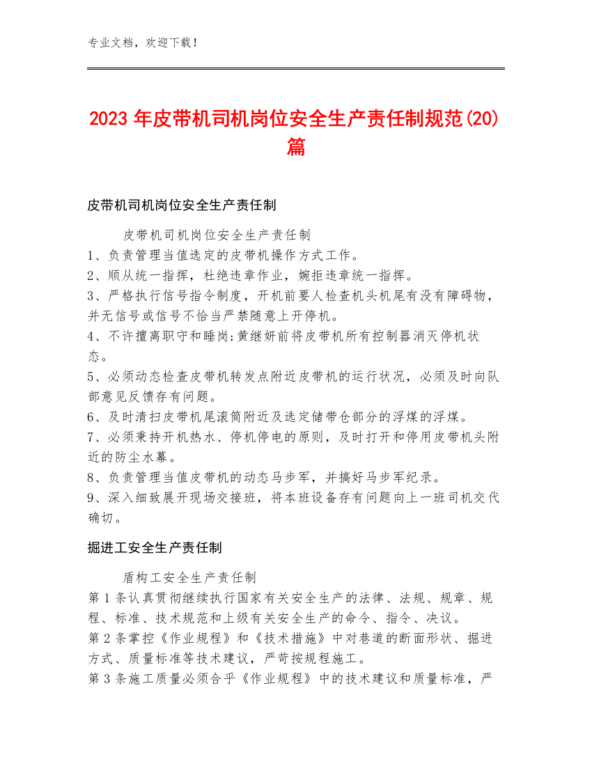 2023年皮带机司机岗位安全生产责任制规范(20)篇