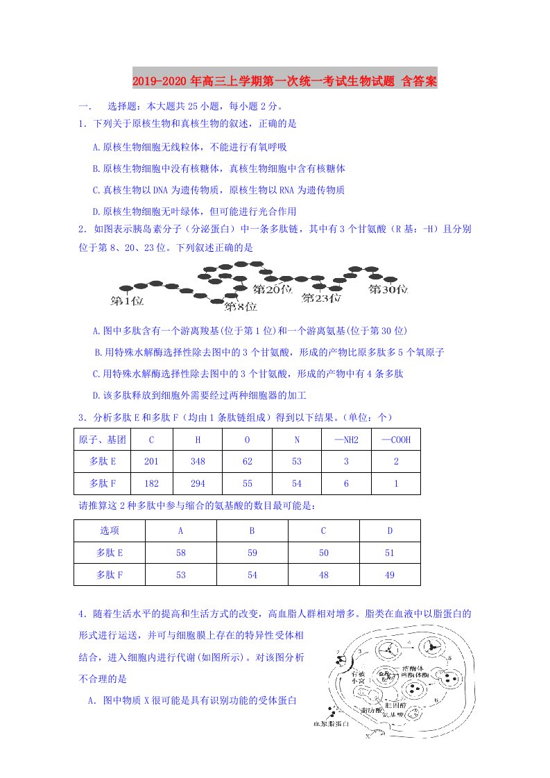 2019-2020年高三上学期第一次统一考试生物试题