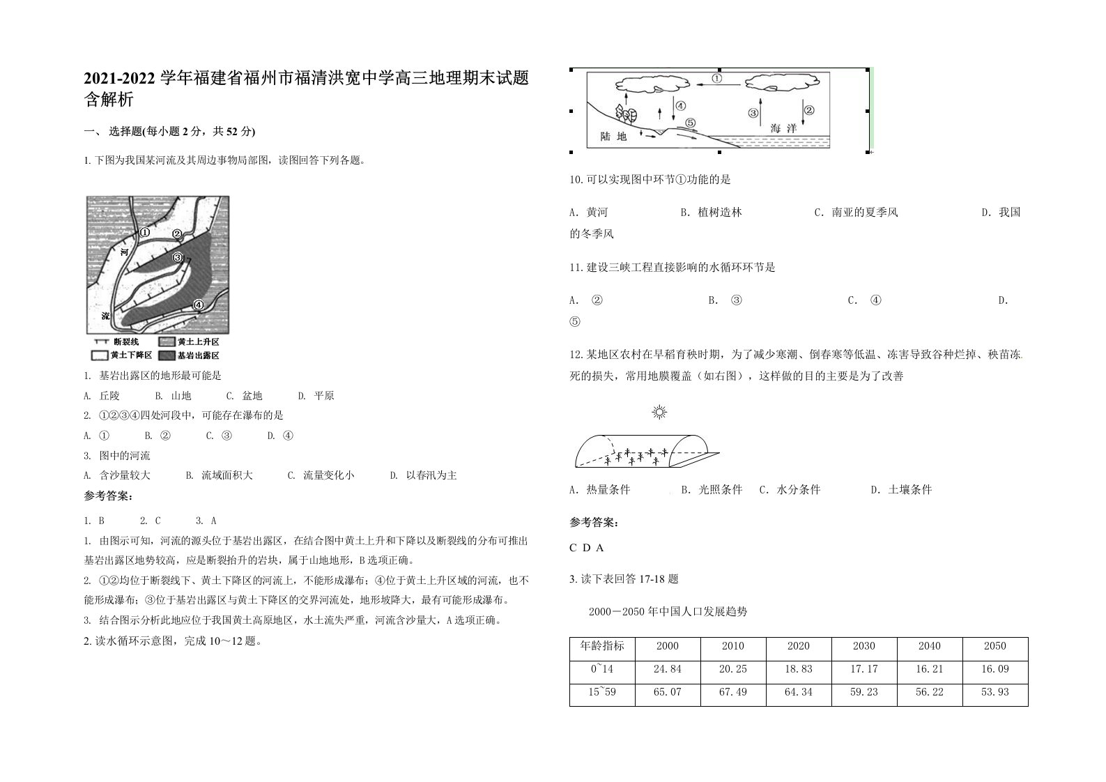 2021-2022学年福建省福州市福清洪宽中学高三地理期末试题含解析