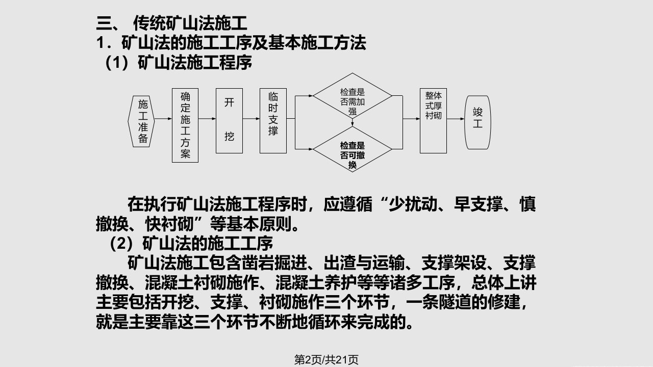 隧道工程施工的矿山法和新奥法矿山法是岩体隧道的常规施工方法