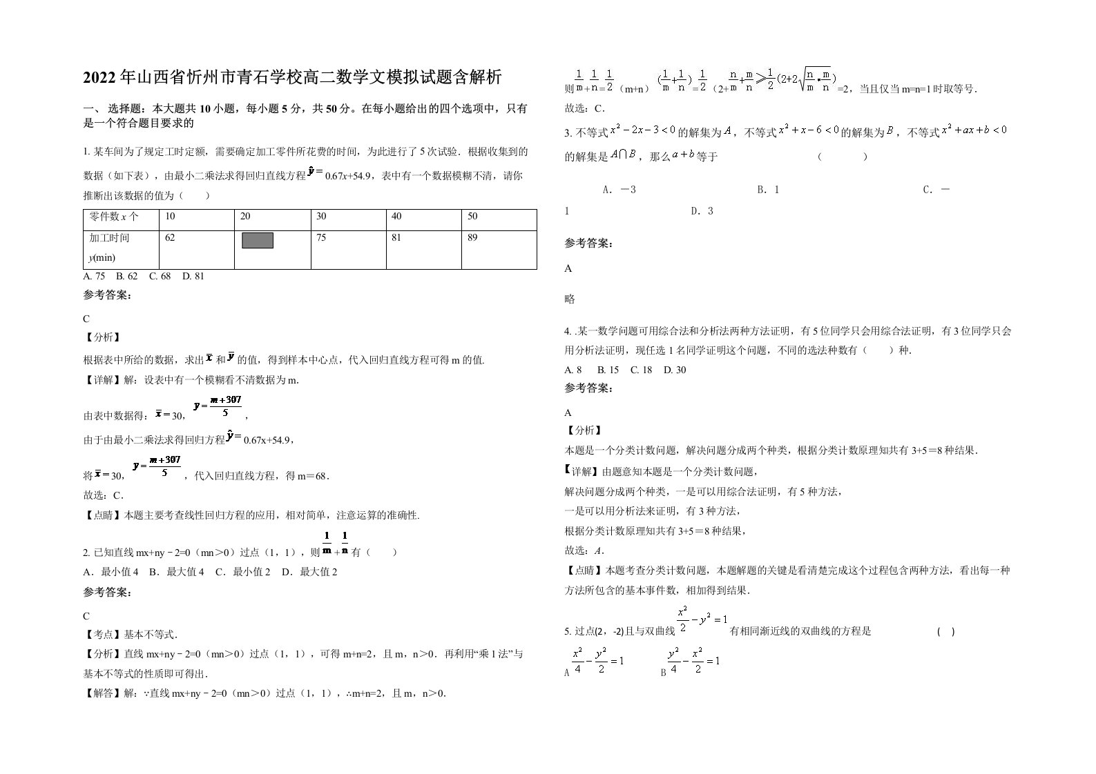 2022年山西省忻州市青石学校高二数学文模拟试题含解析