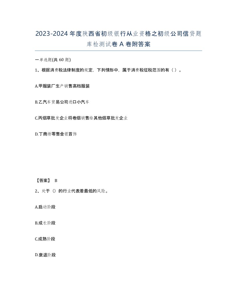 2023-2024年度陕西省初级银行从业资格之初级公司信贷题库检测试卷A卷附答案