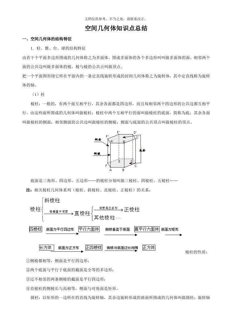 高中数学空间几何体知识点总结