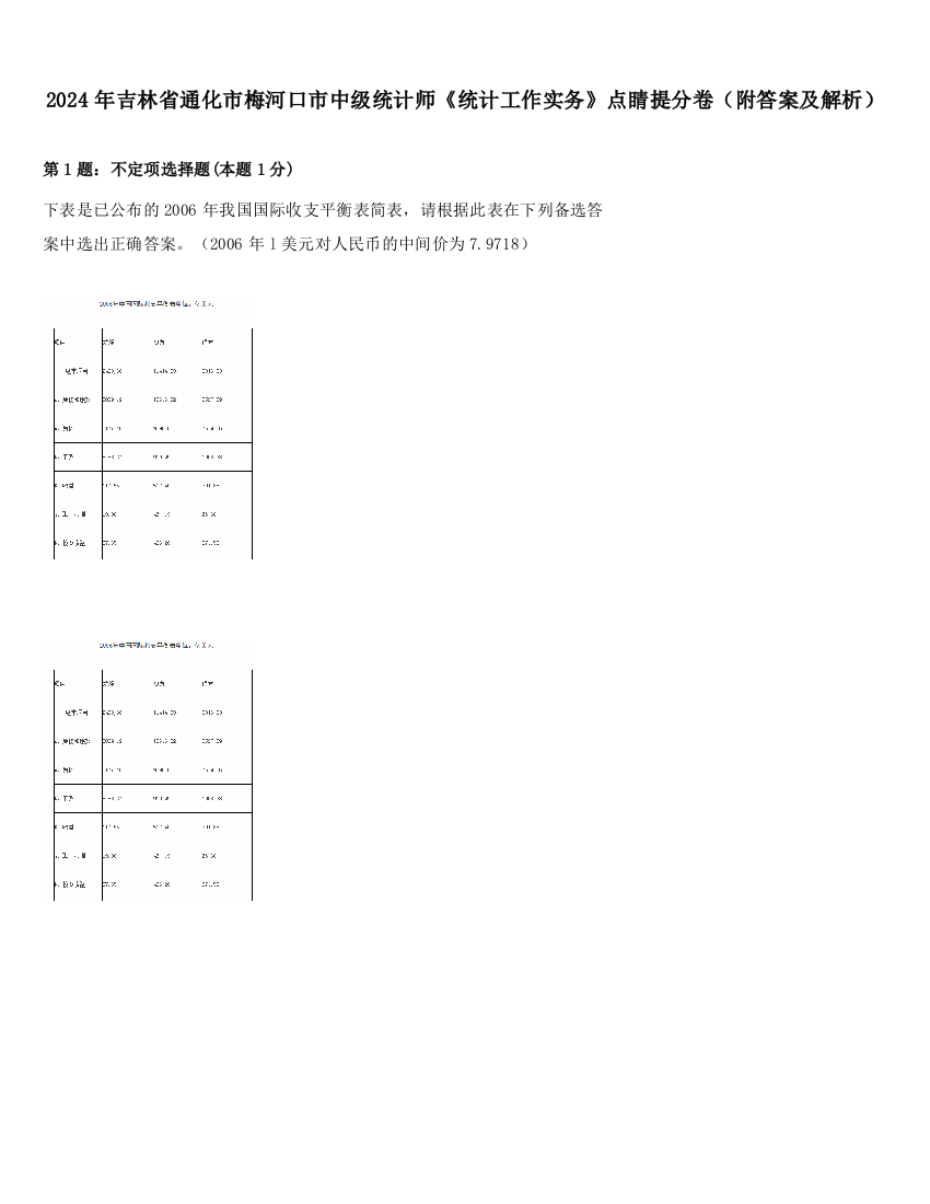 2024年吉林省通化市梅河口市中级统计师《统计工作实务》点睛提分卷（附答案及解析）