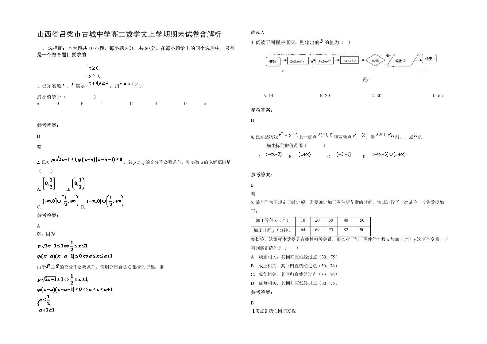 山西省吕梁市古城中学高二数学文上学期期末试卷含解析