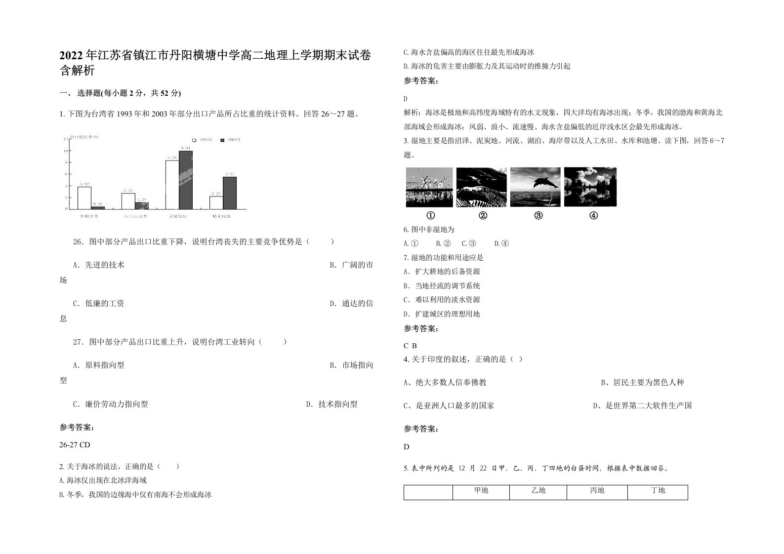 2022年江苏省镇江市丹阳横塘中学高二地理上学期期末试卷含解析