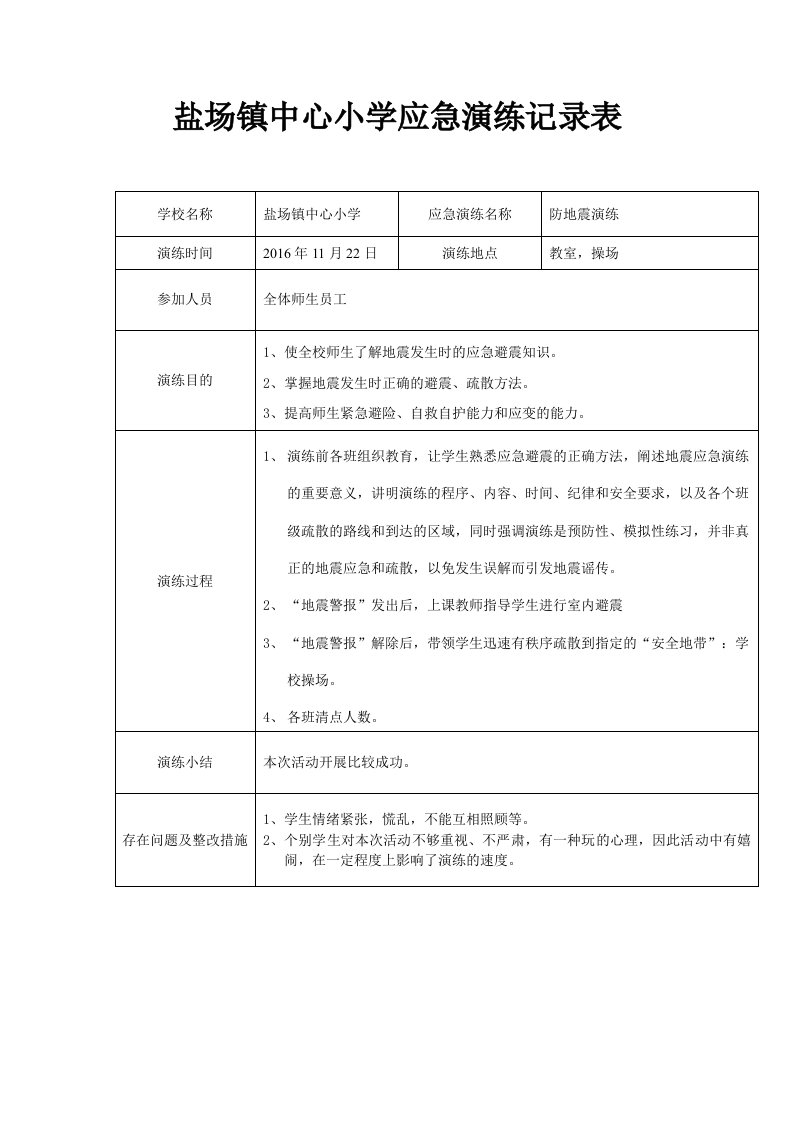 小学防地震应急演练记录表