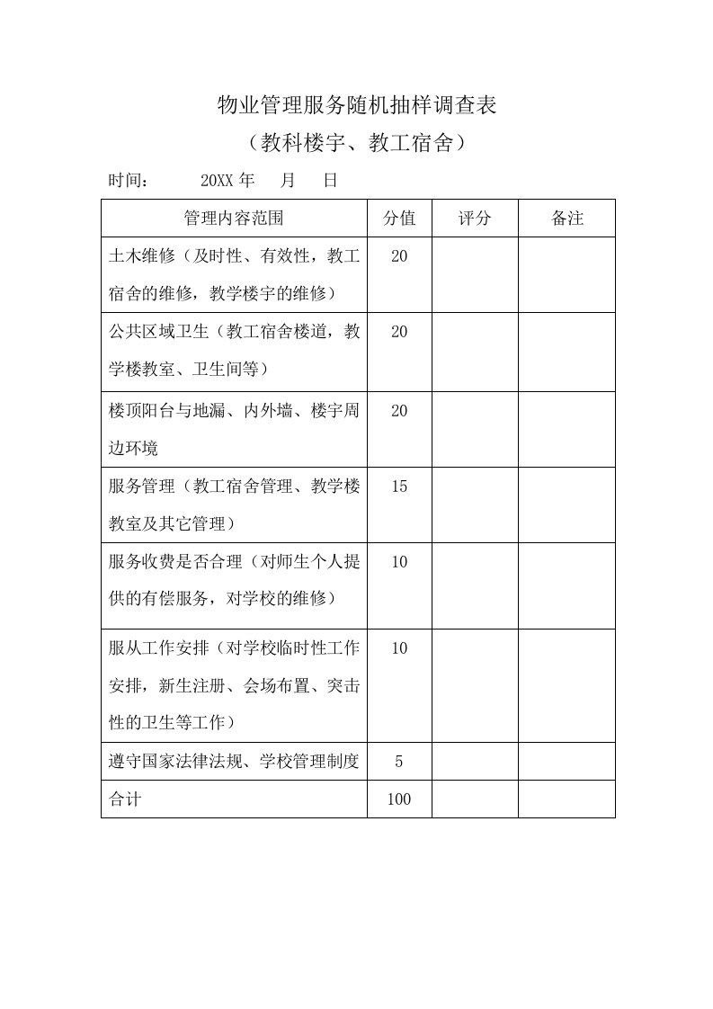 推荐-物业管理服务随机抽样调查表