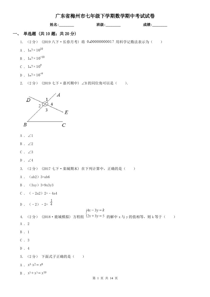 广东省梅州市七年级下学期数学期中考试试卷