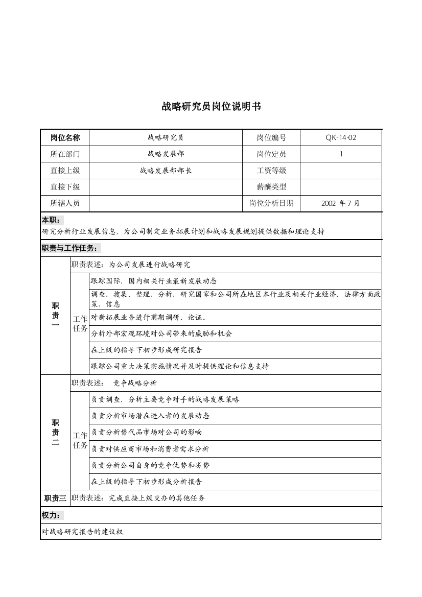 材料行业-战略发展部-战略研究员岗位说明书