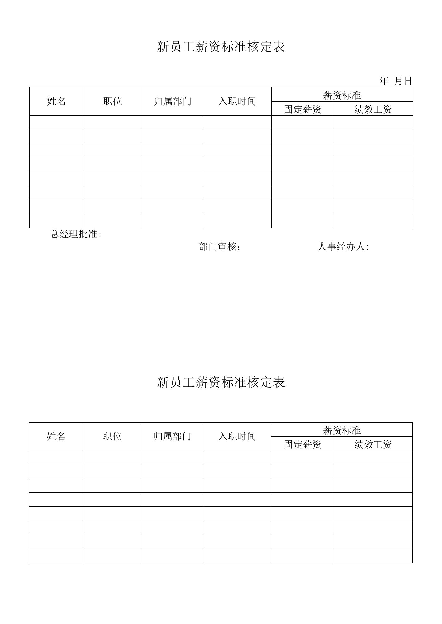 新员工薪资标准核定表