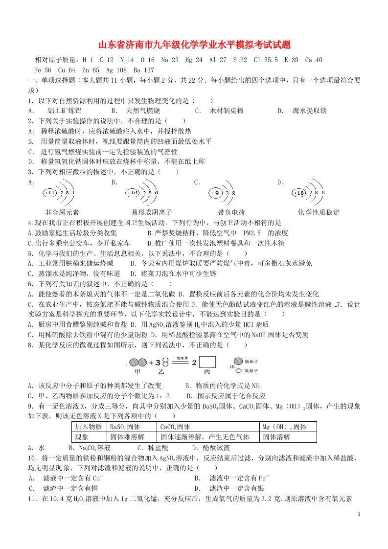 山东省济南市九级化学学业水平模拟考试试题