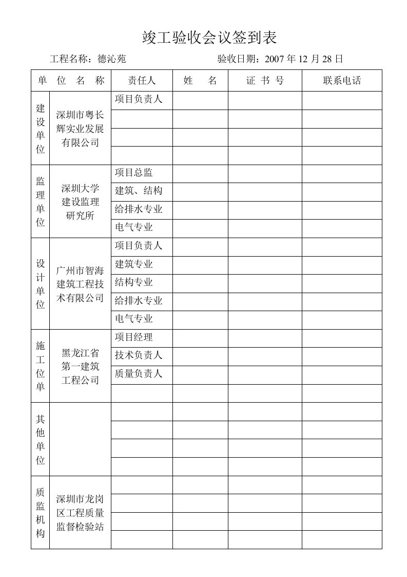 竣工验收会议签到表1