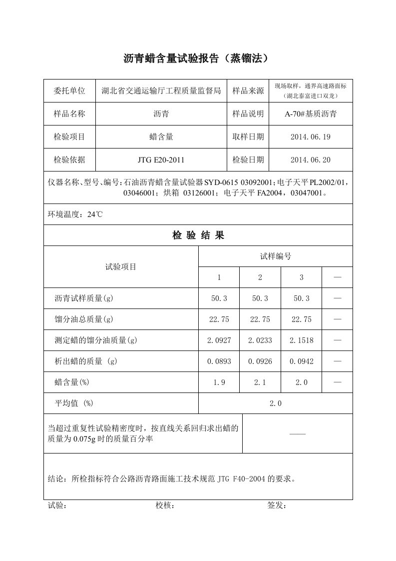 沥青蜡含量试验报告